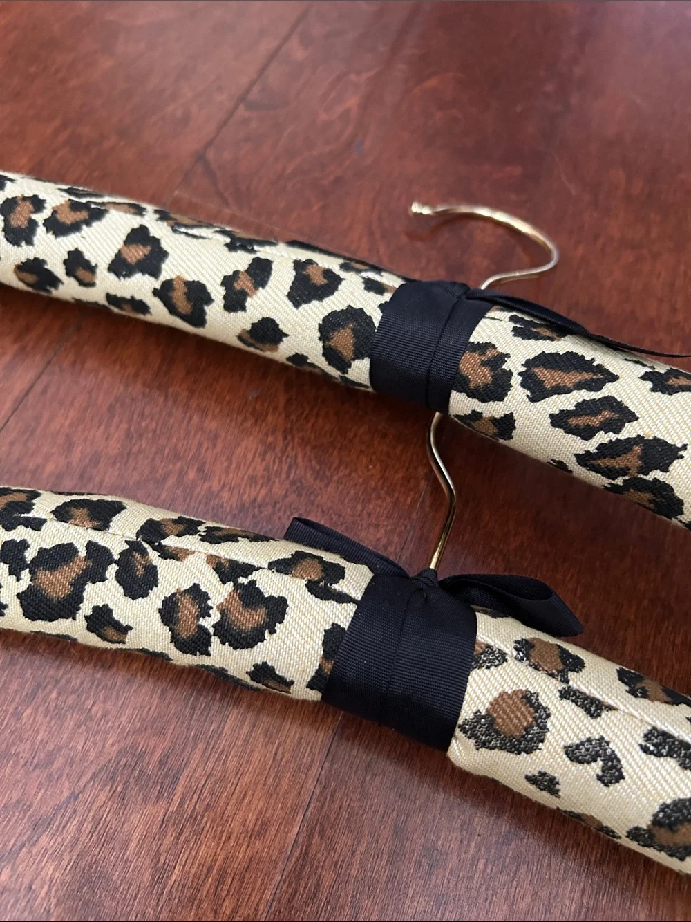 Animal Leopard Print Padded Hangers with Black Bows and Gold Hardware, Set of 5